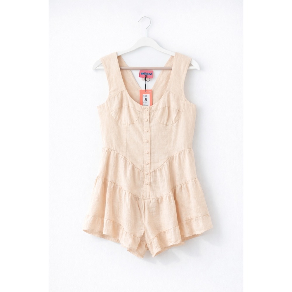 Edikted Beige Cotton‎ Ruffle Button Front Romper XL NWT Girlhoodcore Romantic